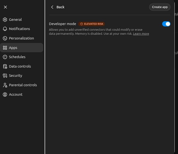 ChatGPT Advanced settings with Developer mode toggle enabled