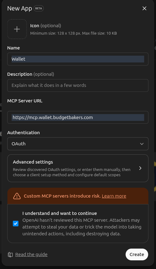 New App form filled with Name Wallet, URL and OAuth authentication selected