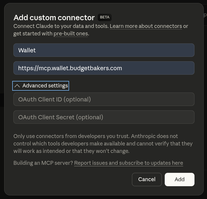 Claude Connectors settings page with Add custom connector form