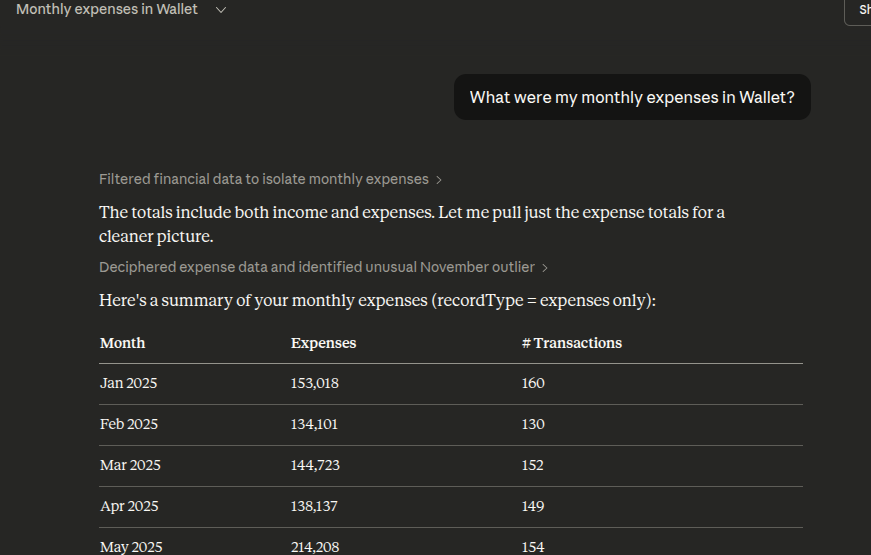 Claude conversation showing Wallet expense data response